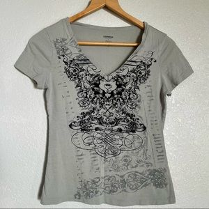 Express Gray Graphic V-Neck Cotton T-Shirt - Size S